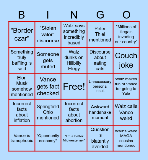 VP Debate Bingo Card