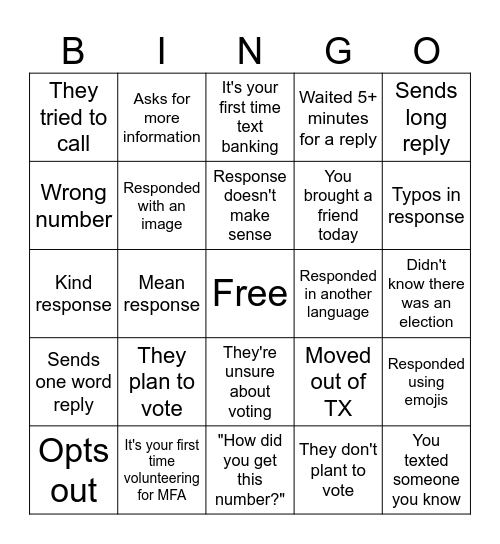 Vote Early Day Text Bank Bingo Card