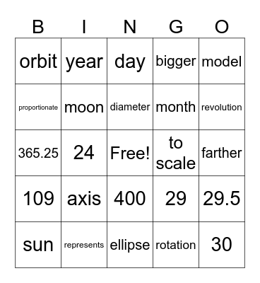 Astronomy Bingo Card