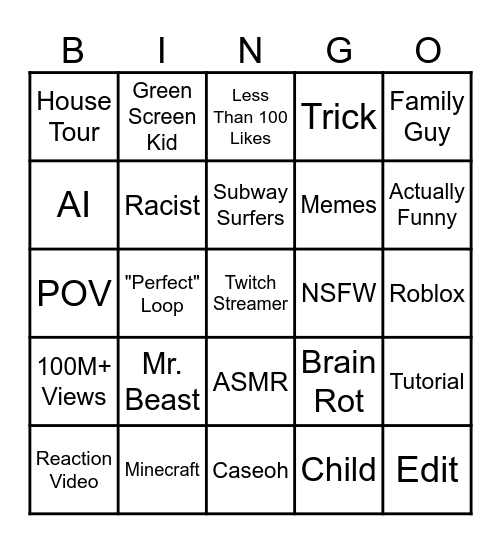 YouTube Shorts Bingo Card