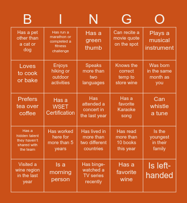 Wine Enthusiast Staff Bingo Card