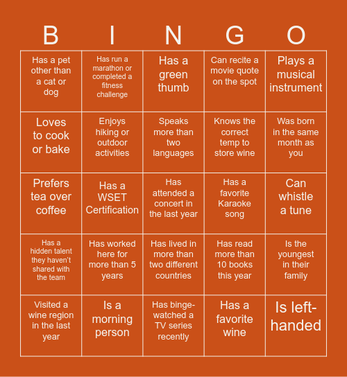 Wine Enthusiast Staff Bingo Card