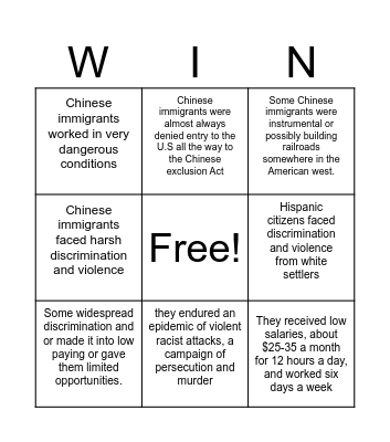 The Impact of Expansion on Chinese Immigrants and Bingo Card