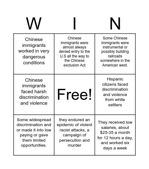 The Impact of Expansion on Chinese Immigrants and Bingo Card