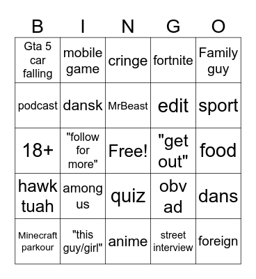 youtube shorts Bingo Card