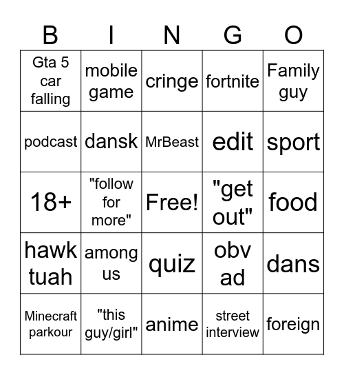 youtube shorts Bingo Card