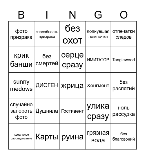 Phasmophobia Bingo Card