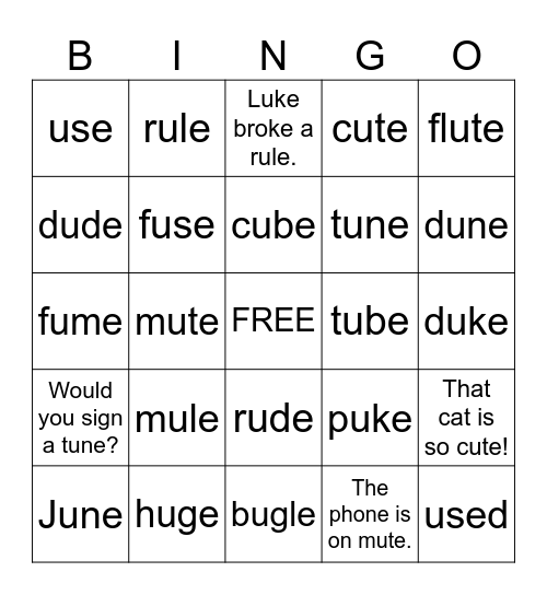 Long U spells oo or yu Bingo Card