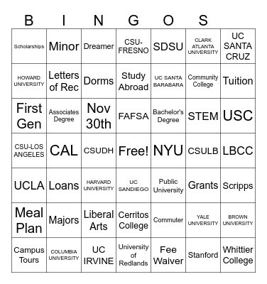 COLLEGE Bingo Card