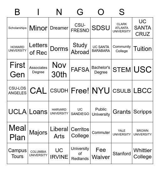 COLLEGE Bingo Card