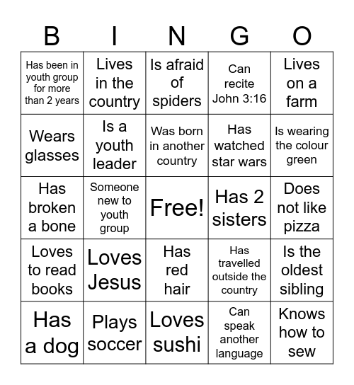 PEMC Youth Group Bingo Card