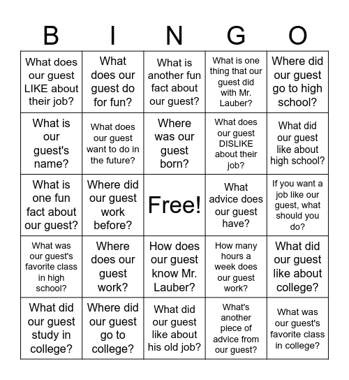 Guest Speaker Bingo Card