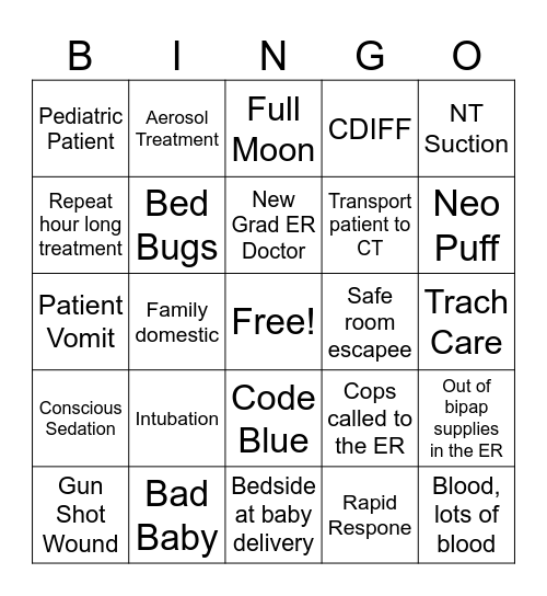 Worst Shift Ever Bingo Card