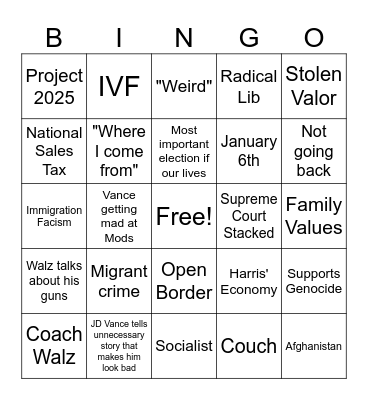 VP Debate Bingo Card