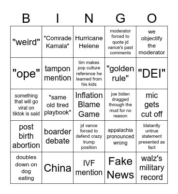 Vice Presidential Debate Bingo Card