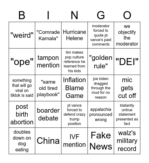 Vice Presidential Debate Bingo Card