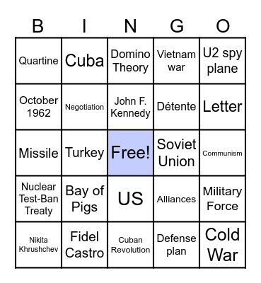 Letter Turkey Cold War Nuclear Test-Ban Treaty Vietnam war Cuban Revolution Bingo Card