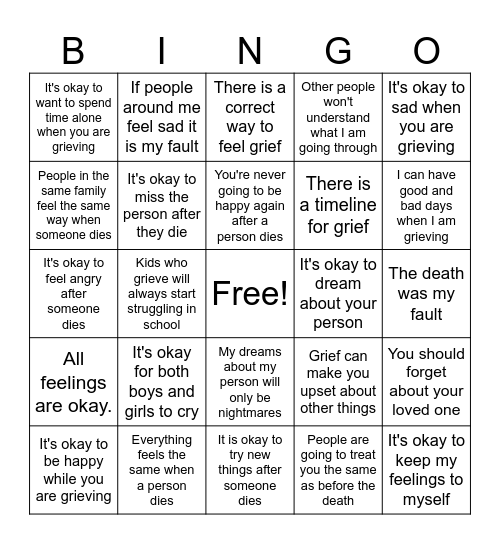 Myths of Grief Bingo Card