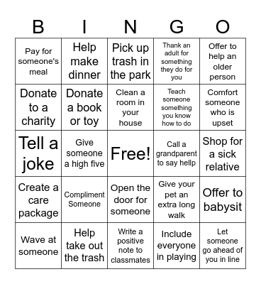 Kindness Bingo Card