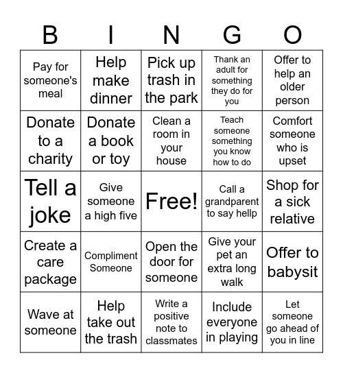 Kindness Bingo Card