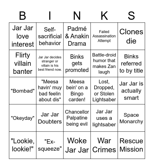 The Clone Wars Jar Jar Bingo Card