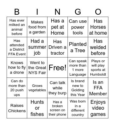 Agriculture Get to Know you Bingo Card