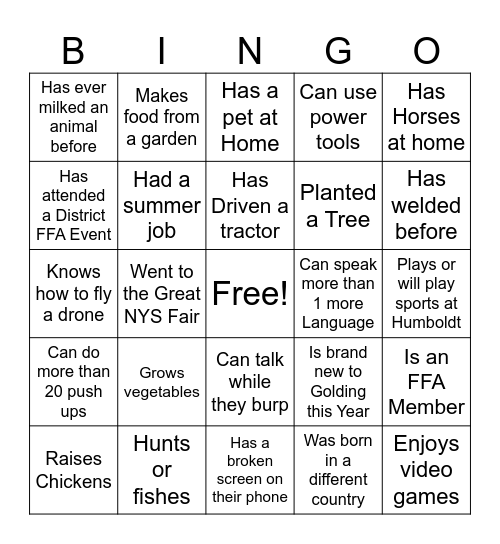 Agriculture Get to Know you Bingo Card