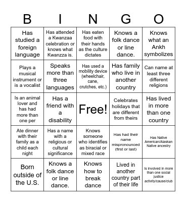 Cultural Diversity Bingo Card