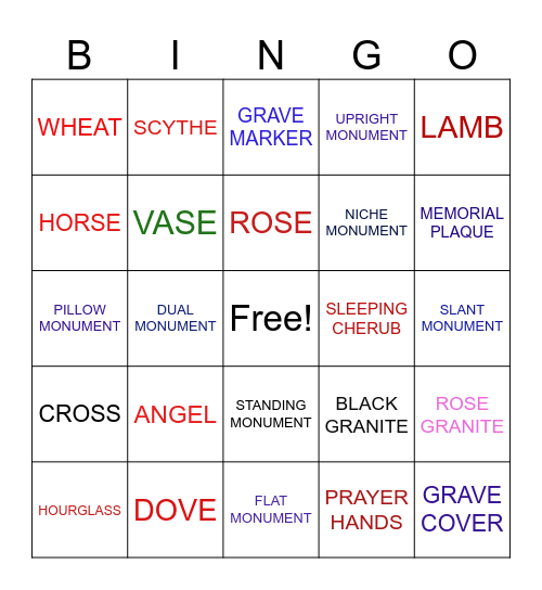 Cemetery Bingo Card