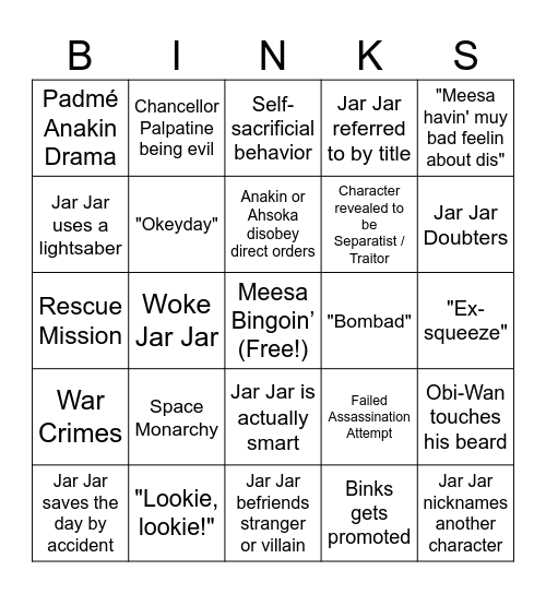 The Clone Wars Jar Jar Bingo Card