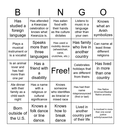 Cultural Diversity Bingo Card