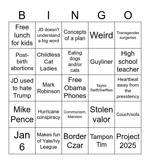 VP Debate Bingo Card