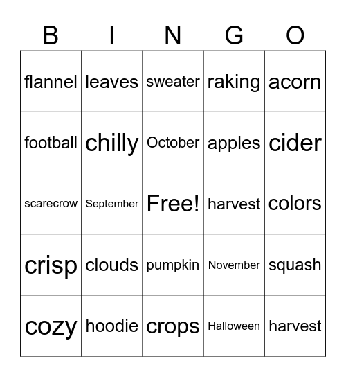 Autumn Bingo! Bingo Card