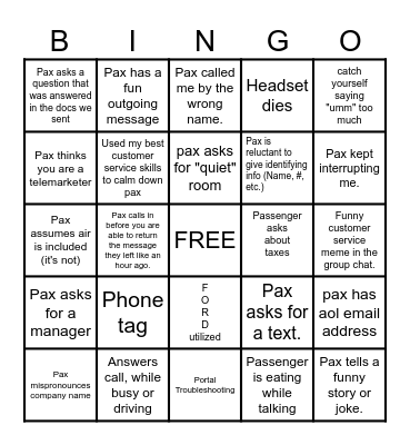 CUSTOMER SERVICE BINGO Card