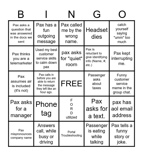 CUSTOMER SERVICE BINGO Card