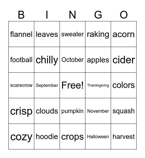 Autumn Bingo! Bingo Card