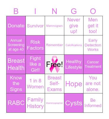 BINGO FOR BREAST CANCER Bingo Card