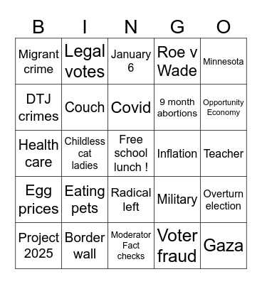 VP Presidential Debate 2024 Bingo Card