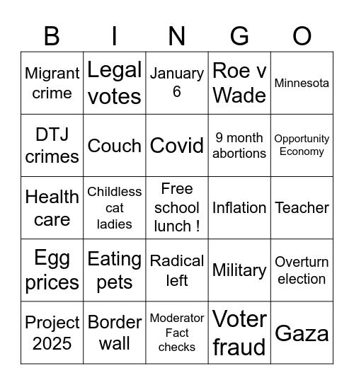 VP Presidential Debate 2024 Bingo Card