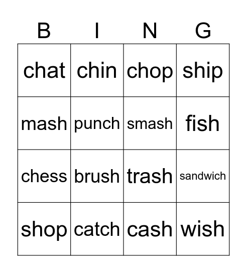 Ch/Sh Words Bingo Card