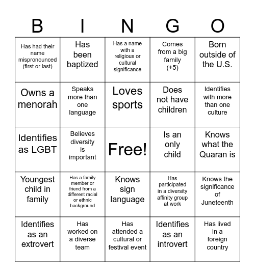 D&I Bingo Card