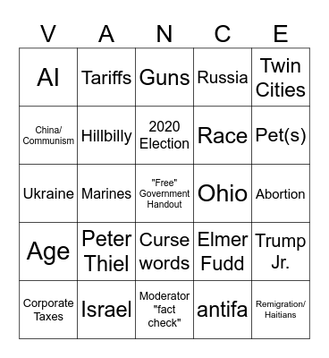 VP Debate Bingo Card