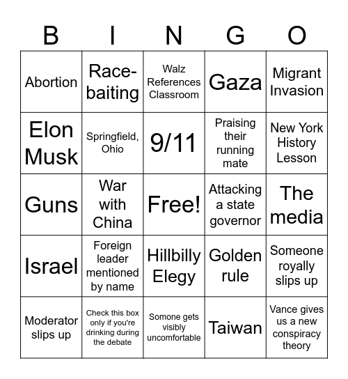 Vice Presidential Debate Bingo! Bingo Card
