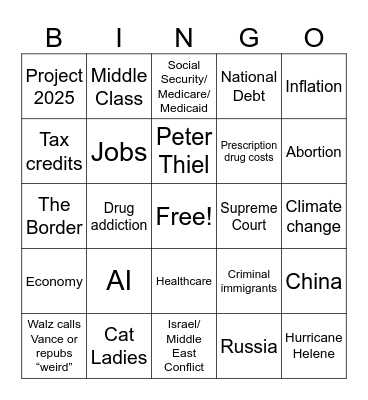 VP Debate Bingo Card