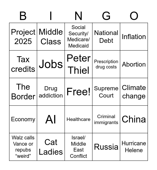VP Debate Bingo Card