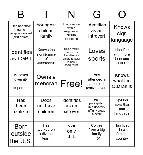 D&I Bingo Card