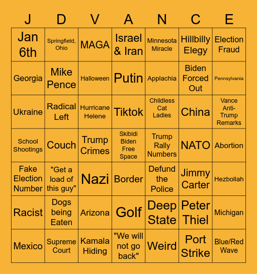 VP Debate Bingo Card