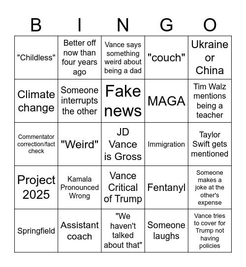 Vice President Debate Bingo Card