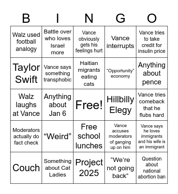 VP Debate Bingo Card