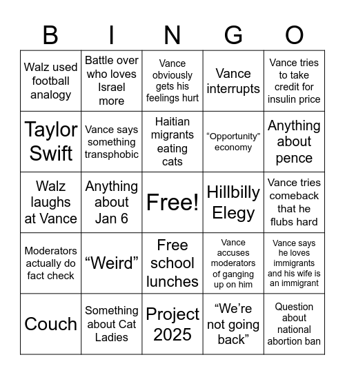 VP Debate Bingo Card